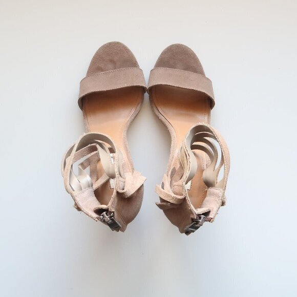 BCBGeneration Cydney Fringe Trimmed Taupe Suede Sandals Block Heels Women Size 6 - Picture 13 of 16